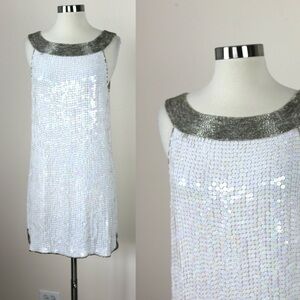 White Sequin Mini Dress with Silver Metallic Collar